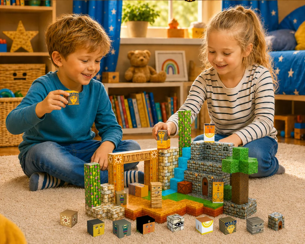 Zwei Kinder bauen auf dem Teppich einen ägyptischen Tempel aus Magnetbausteinen