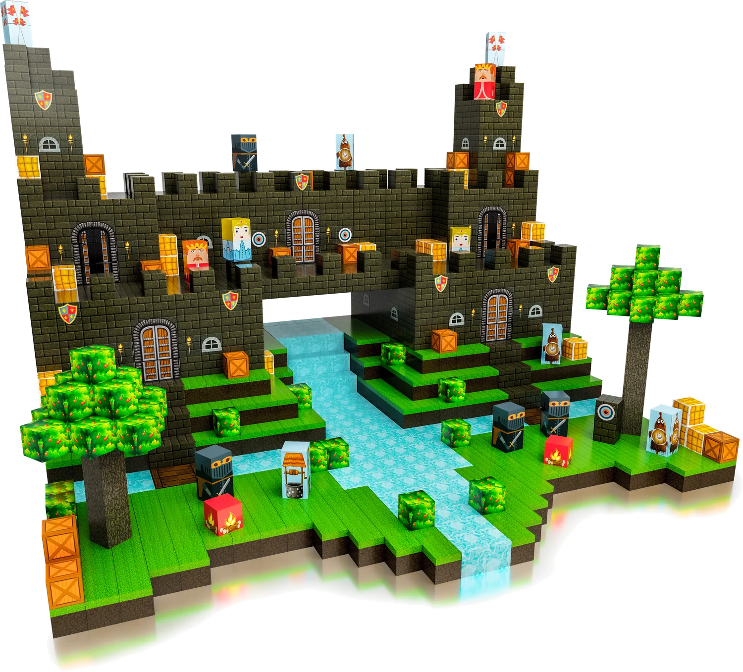 Eine aus Spiele-Kontor-Magnetwürfeln gebaute Ritterburg mit Wasserfall, Bäumen, König und Rittern