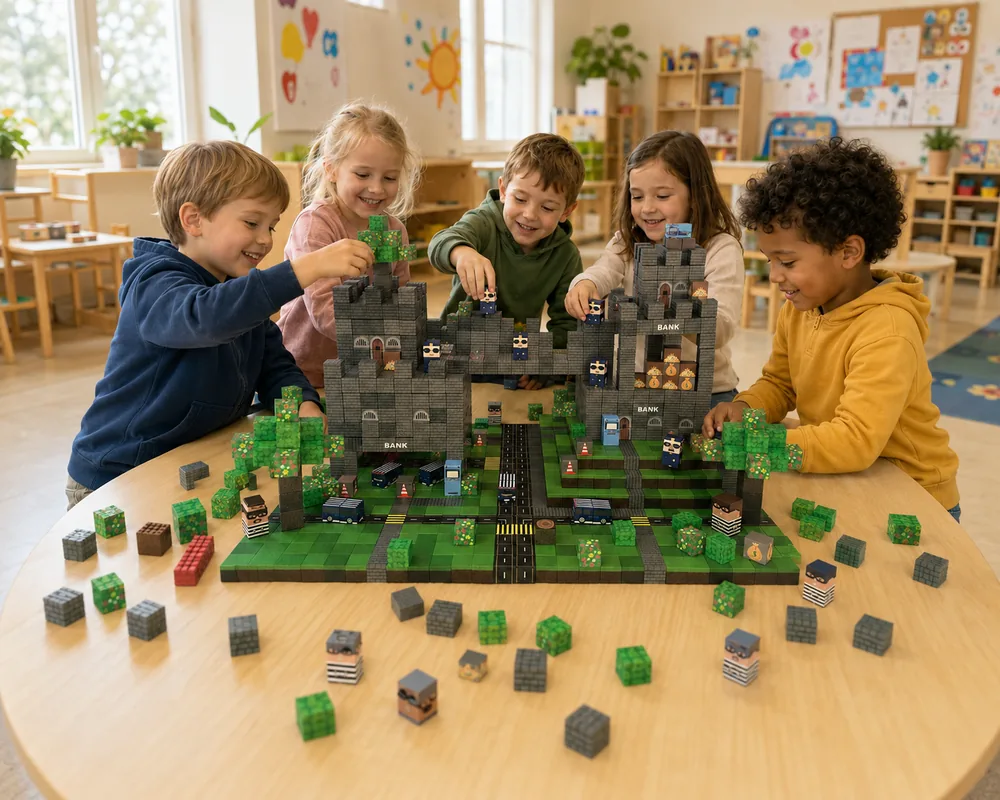 Fünf Kinder bauen in einer Kita gemeinsam an einem großen Aufbau aus Magnetbausteinen