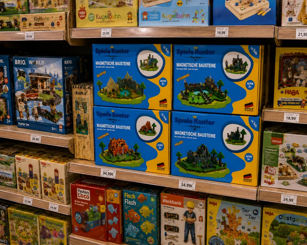 Die vier Spiele-Kontor-Sets im Spielwarenregal zwischen anderen Marken
